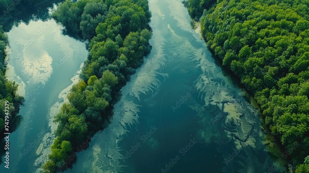 Aufkleber scenic view of a river flowing through a vibrant forest. suitable for nature and travel concepts
