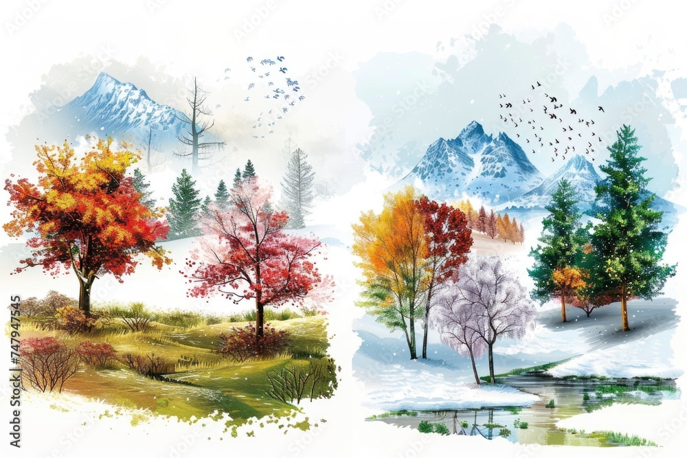 Poster a painting of four different trees in the snow. suitable for winter-themed designs