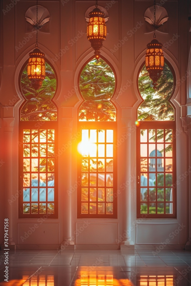 Poster Sun shining through windows of a building, ideal for architecture projects