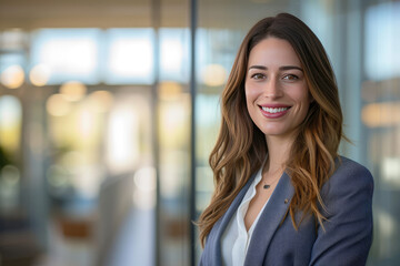 Beautiful businesswoman with welcoming smile in stylish suit at contemporary corporate office