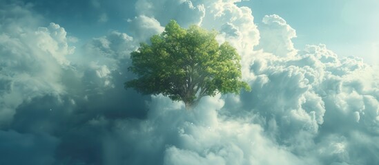 A tree protrudes through a sea of clouds in the sky, showcasing a striking contrast between natures...