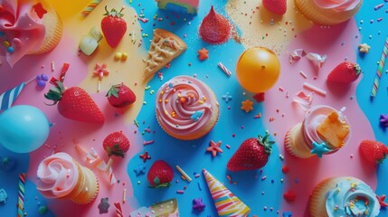 Delicious variety of cupcakes on a vibrant pink and blue background. Perfect for bakery or celebration concepts