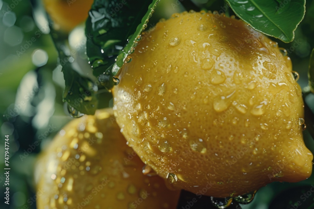 Poster Close up of two lemons on a tree. Perfect for food and nature concepts
