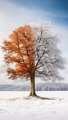 Seasonal contrast of tree in snow and green leaves, global warming and environmental change concept