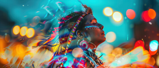 Cultural Dance Fusion, Indigenous Ritual and Neon Urban Skyline, Colorful Celebration