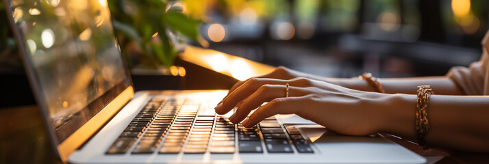 Wide closeup photo of a beautiful woman wearing white formal dress, sitting and working in a modern office table, typing in front of a laptop pc computer screen  