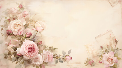 Obraz na płótnie Canvas Muted light pink white vintage retro scrapbooking paper background with retro roses bouquets.