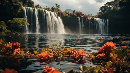 Amazing tropical forest with beautiful lake and fast flowing waterfall over boulders in background