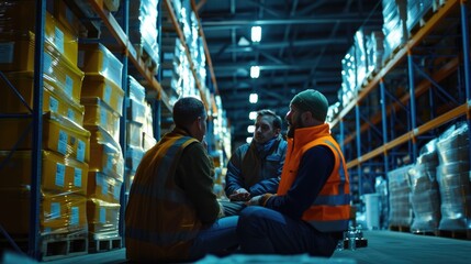 A group of men sitting in a warehouse, suitable for industrial concepts