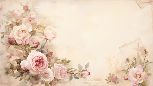 Muted light pink white vintage retro scrapbooking paper background with retro roses bouquets.