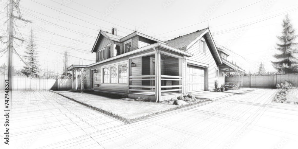 Poster detailed drawing of a house with a porch. suitable for architectural projects
