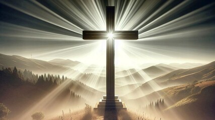 Web banner 16:9 ratio -Biblical crucifix atop a hill, emitting rays of light, overlooking a barren landscape