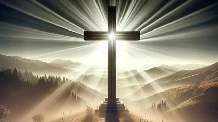 Foto op Plexiglas Web banner 16:9 ratio -Biblical crucifix atop a hill, emitting rays of light, overlooking a barren landscape © Katdroidd Digital