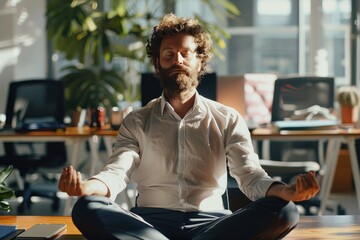A man sitting in a lotus position in an office. Suitable for wellness and relaxation concepts