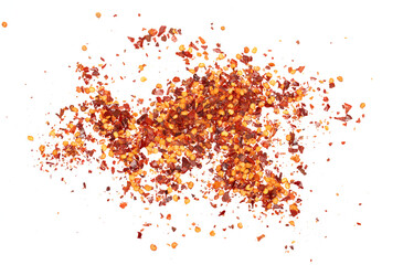 Red crushed hot chili pepper on a white background.