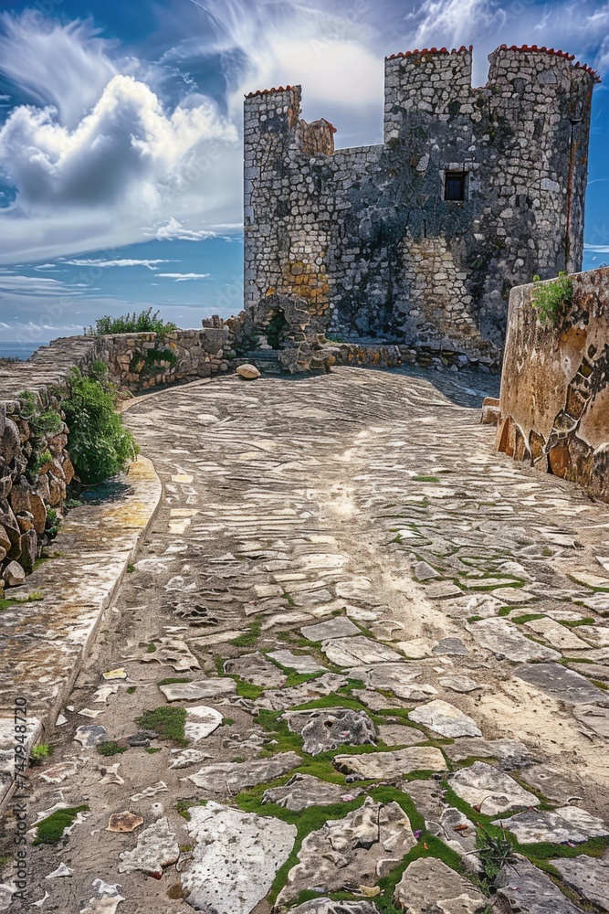 Aufkleber A picturesque view of a castle in the background of a cobblestone road. Suitable for travel and historical concepts