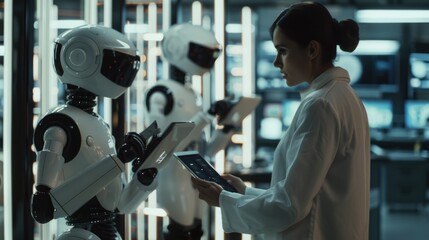 Woman in lab coat looking at tablet, suitable for scientific research concept