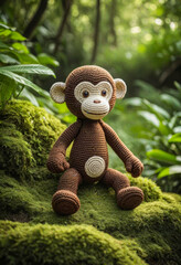 Little cute monkey handmade toy on beautiful summer forest landscape background. Knitting, hobby, amigurumi toy