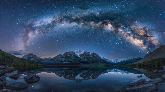 Ultra-high definition stock photo of the Milky Way arching over a serene mountain lake reflection visible in the water