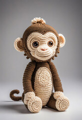 Cute little monkey handmade toy on simple background. Amigurumi toy making, knitting, hobby