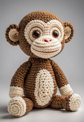 Cute little monkey handmade toy on simple background. Amigurumi toy making, knitting, hobby
