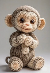 Cute little monkey handmade toy on simple background. Amigurumi toy making, knitting, hobby