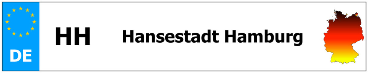 Hansestadt Hamburg car licence plate sticker name and map of Germany. Vehicle registration plates frames German number