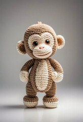 Cute little monkey handmade toy on simple background. Amigurumi toy making, knitting, hobby