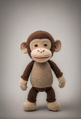 Cute little monkey handmade toy on simple background. Amigurumi toy making, knitting, hobby