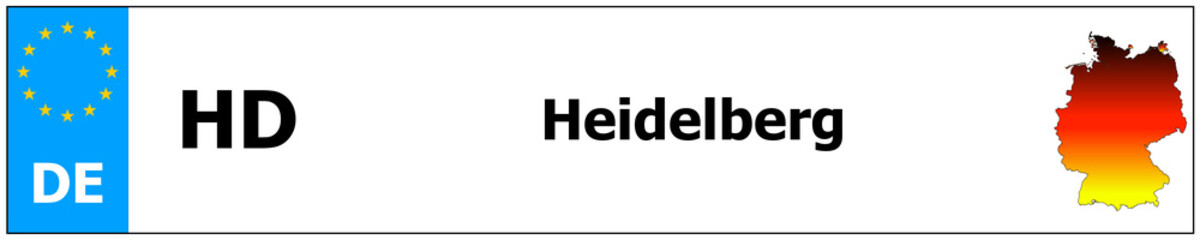 Heidelberg car licence plate sticker name and map of Germany. Vehicle registration plates frames German number