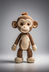 Cute little monkey handmade toy on simple background. Amigurumi toy making, knitting, hobby