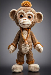 Cute little monkey handmade toy on simple background. Amigurumi toy making, knitting, hobby