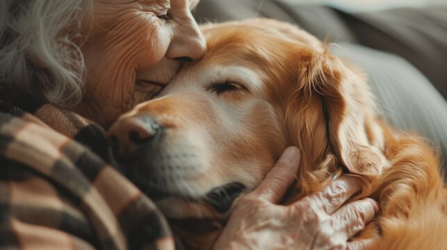 A heartwarming image of an older woman cuddling a golden retriever on a cozy couch. Ideal for pet care or companionship concepts
