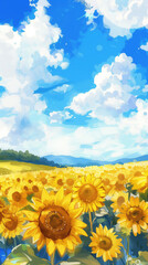 Fototapeta premium ひまわり畑の水彩画