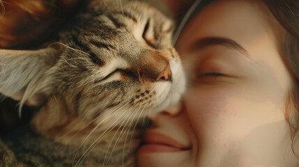 A close up of a person kissing a cat, suitable for pet lovers and animal enthusiasts