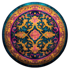 Round Circle Turkish Carpet Rug, Persian Rug, Isolated transparent on white background, PNG, Green, Pink, Gold colors