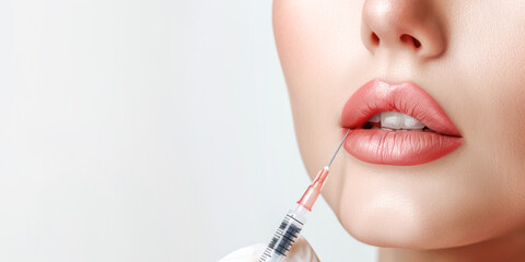 Syringe near woman's face. Concept of beauty injections with fillers for lips correction. - obrazy, fototapety, plakaty