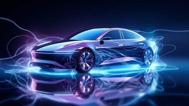 Futuristic electric car with holographic wireframe digital technology background