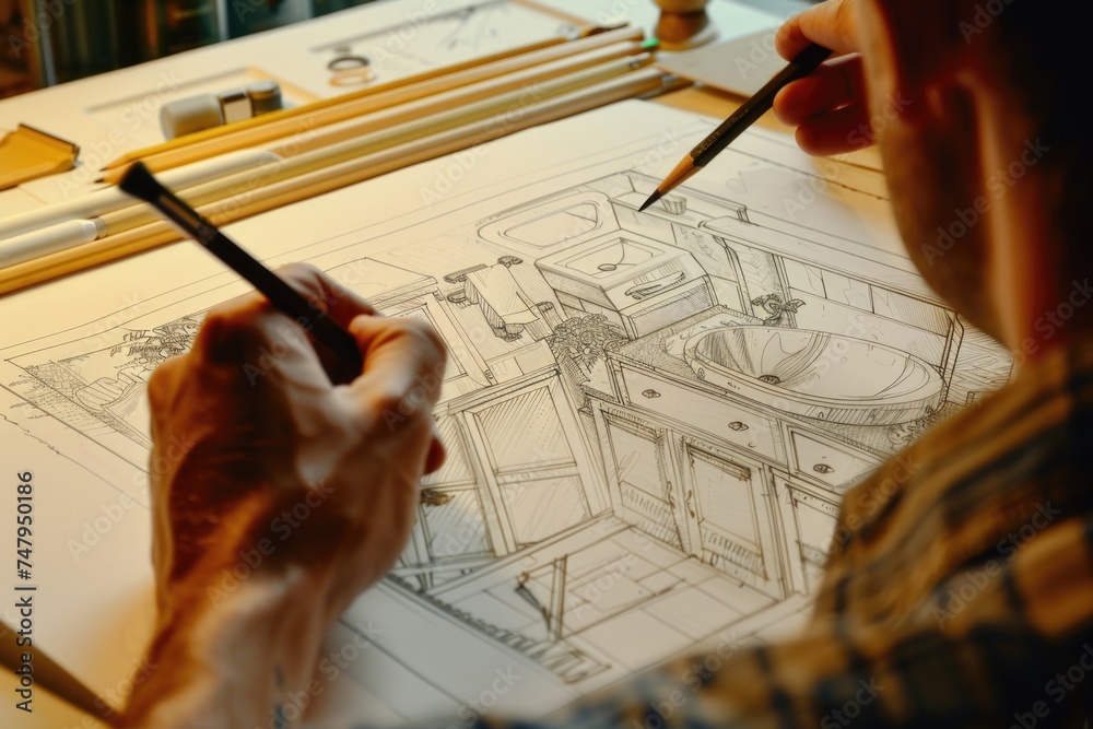 Poster A man drawing a bathroom design on paper. Suitable for architecture and interior design concepts