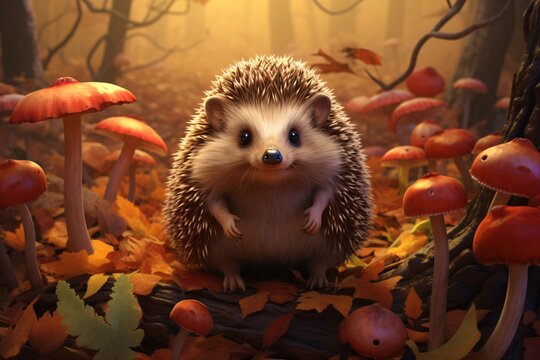 a hedgehog standing on a log surrounded by leaves and mushrooms