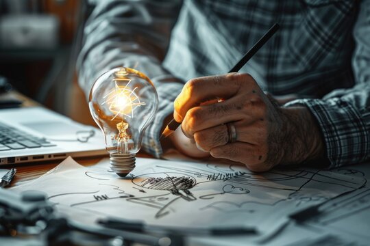 A man is drawing a light bulb on a piece of paper. Suitable for creative and innovation concepts