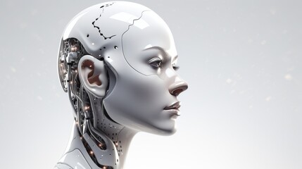 Futuristic white ai humanoid robot portrait with text space in a futuristic setting - obrazy, fototapety, plakaty