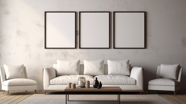 Living room with blank frames