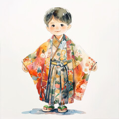 着物姿の男の子　水彩画