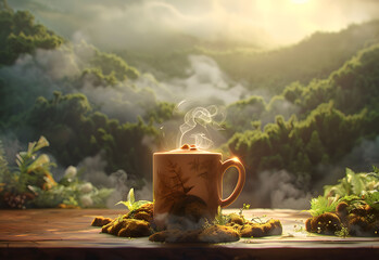 image of a coffee cup in the style of surreal 3d landscapes, the sun's rays are shining on it, detail, lightbox, fog, realistic detail - obrazy, fototapety, plakaty