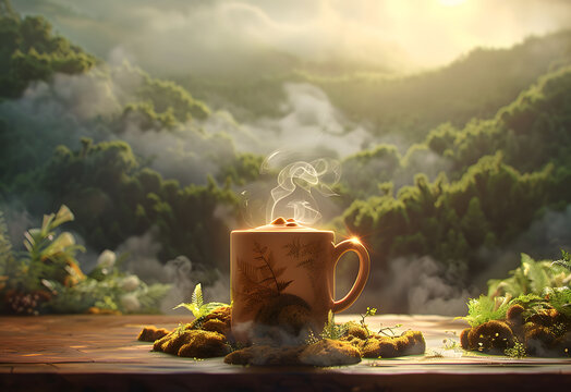 image of a coffee cup in the style of surreal 3d landscapes, the sun's rays are shining on it, detail, lightbox, fog, realistic detail