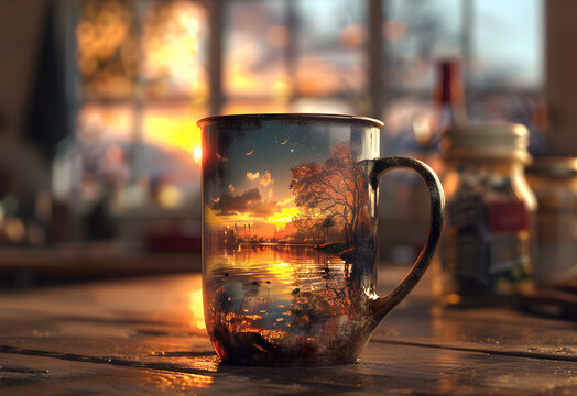 The sunset slowly emerges from the windows in this 3D coffee cup, in the style of highly detailed illustrations made of fog, unreal landscapes, kitchen still life, animated energy, photorealistic tech