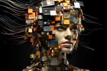 Overwhelming information data explode out of head of young human brain, too much media, too much information
