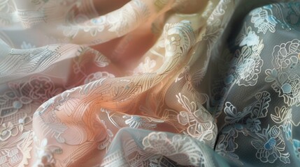 Delicate lacework overlaying soft pastel hues, creating a romantic and ethereal textile design.