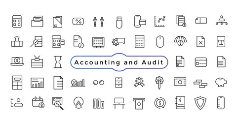 Accounting and audit icon set. Taxes and accounting line icons collection. Check and audit line icons collection.